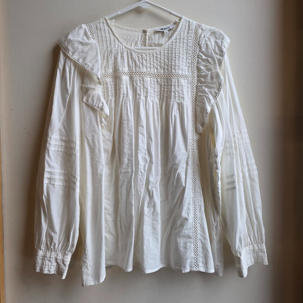 Madewell Cream Ruffled Long-Sleeve Lace-Trim Blouse